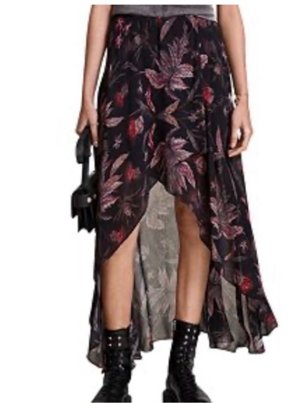 All Saints Asymmetrical Black Floral Skirt
